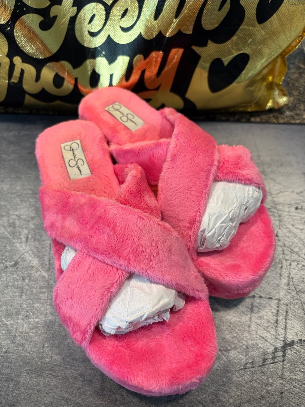 Jessica Simpson Kids Hot Pink Plush Crisscross Slide Slippers